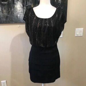 EnFocus Petite Gold/Red Shimmer Sheer Top Dress Pleated Layering Skirt-Size 12P